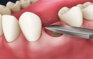 Digital illustration of a mouth with bone material being placed into the space of a recently extracted tooth
