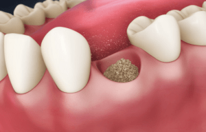Digital illustration of a mouth with bone material being placed into the space of a recently extracted tooth