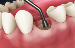 Digital illustration of a mouth with bone material being placed into the space of a recently extracted tooth